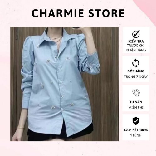 Beaded Puff Sleeve Shirt_CH67.1_Charmie Brand_เสื้อเชิ้ตเนื้อหยาบ ประดับพลอยเทียม แขนนุ่มไร้รอยยับ