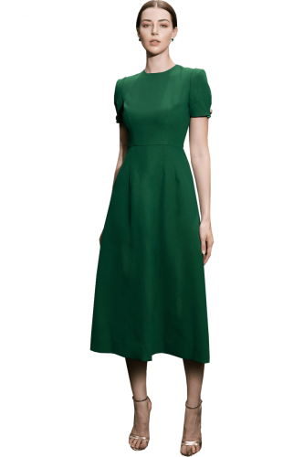 DARK GREEN A LINE MIDI DRESS TAB SLEEVE_IH71.13_I.H.F Brand