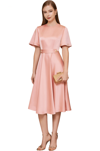 PEACH PINK WAISTE TAB FLARE MIDI DRESS_IH71.18_I.H.F Brand