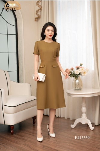 Flared Midi A Line Dress_FI88.16_FIONA Brand_ชุดเดรสผ้าทรายเกาหลี ทรงบาน A