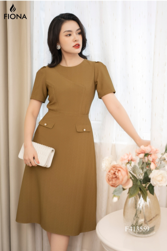 Flared Midi A Line Dress_FI88.16_FIONA Brand_ชุดเดรสผ้าทรายเกาหลี ทรงบาน A