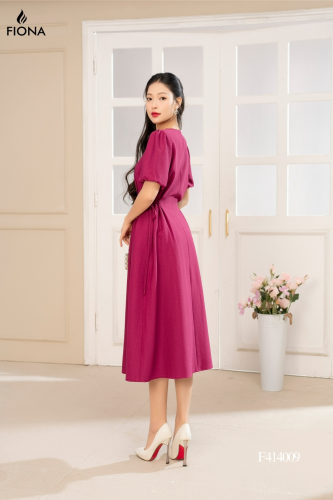 Puff Sleeve Flared Midi Dress_FI88.12_FIONA Brand_เดรสทรงตรง ผูกโบว์ที่เอวทั้งสองข้าง แขนพอง