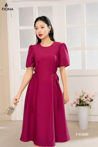 Puff Sleeve Flared Midi Dress_FI88.12_FIONA Brand_เดรสทรงตรง ผูกโบว์ที่เอวทั้งสองข้าง แขนพอง