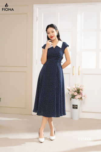 Polka Dots Flared Midi Dress_FI88.14_FIONA Brand_เดรสบานลายจุด คอปกสีขาว เข็มขัดถอดได้