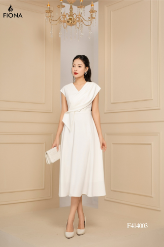 Flared V Neck Midi A Line Dress_FI88.15_FIONA Brand_เดรสบาน คอหวาน ไหล่เว้า จีบด้านหน้า