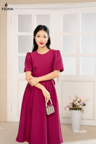 Puff Sleeve Flared Midi Dress_FI88.12_FIONA Brand_เดรสทรงตรง ผูกโบว์ที่เอวทั้งสองข้าง แขนพอง