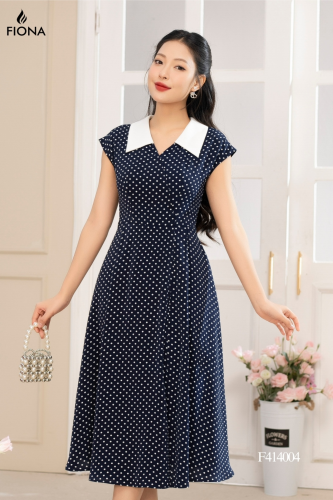 Polka Dots Flared Midi Dress_FI88.14_FIONA Brand_เดรสบานลายจุด คอปกสีขาว เข็มขัดถอดได้