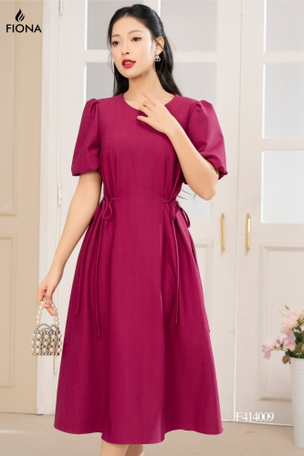 Puff Sleeve Flared Midi Dress_FI88.12_FIONA Brand_เดรสทรงตรง ผูกโบว์ที่เอวทั้งสองข้าง แขนพอง