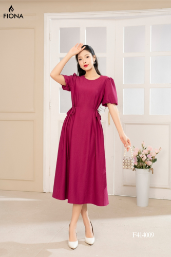 Puff Sleeve Flared Midi Dress_FI88.12_FIONA Brand_เดรสทรงตรง ผูกโบว์ที่เอวทั้งสองข้าง แขนพอง