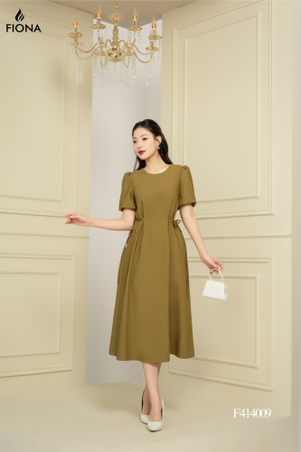 Puff Sleeve Flared Midi Dress_FI88.12_FIONA Brand_เดรสทรงตรง ผูกโบว์ที่เอวทั้งสองข้าง แขนพอง