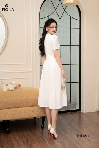 Flared Puff Sleeve V neck Midi Dress_FI88.6_FIONA Brand_เดรสบาน แขนระบาย ช่วงคอสุดหวาน