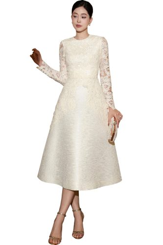 A-LINE IVORY TAFFETA LACE MIDI DRESS WITH MINI CAPE_IH71.4_I.H.F Brand