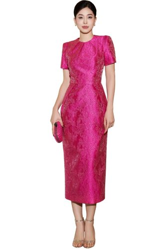 DRAPED DETAILS FUCHSIA PINK ACANTHUS JACQUARD MIDI DRESS_IH71.9_I.H.F Brand