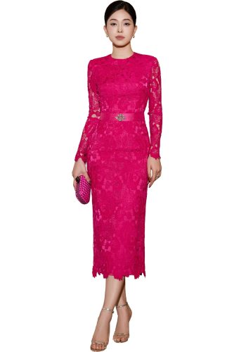 LONG SLEEVES FUCHSIA PINK LACE BODY DRESS WITH AGATE SILK BELT_IH71.10_I.H.F Brand