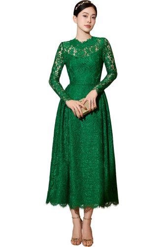 ROUND NECKLINE DARK GREEN LACE MIDI DRESS_IH71.2_I.H.F Brand