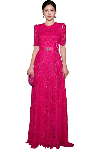 A-LINE SHORT SLEEVES FUCHSIA LACE MAXI DRESS_IH71.6_I.H.F Brand