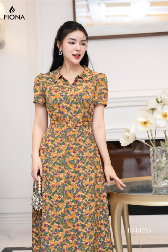 V Neck Silk Flared House Dress_FI88.3_FIONA Brand_เดรสบาน ผ้าไหมลายดอกไม้ คอบัว วีเปิด