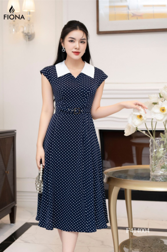 Polka Dots Flared Midi Dress_FI88.14_FIONA Brand_เดรสบานลายจุด คอปกสีขาว เข็มขัดถอดได้