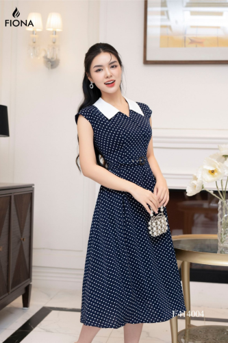 Polka Dots Flared Midi Dress_FI88.14_FIONA Brand_เดรสบานลายจุด คอปกสีขาว เข็มขัดถอดได้