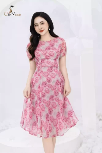 Pink Floral Pattern Boat Neck A Line Dress_CI135.1_ Citi Mode Brand_เดรสคอปาดลายดอกกุหลาบ