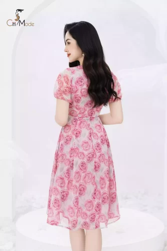 Pink Floral Pattern Boat Neck A Line Dress_CI135.1_ Citi Mode Brand_เดรสคอปาดลายดอกกุหลาบ