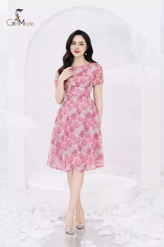 Pink Floral Pattern Boat Neck A Line Dress_CI135.1_ Citi Mode Brand_เดรสคอปาดลายดอกกุหลาบ