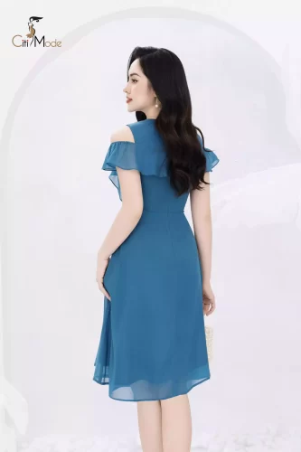 Blue Silk Flared A Line Dress Tie Flower_CI135.2_ Citi Mode Brand_ชุดเดรสผ้าไหมสีฟ้าประดับด้วยดอกไม้