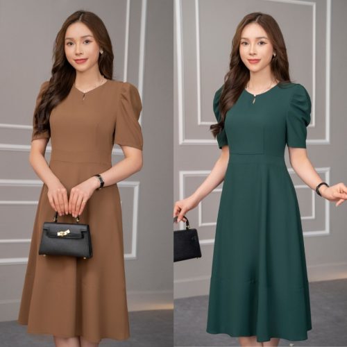 V Neck Puff Sleeve Flared Midi Dress_AV-40_Amalady Brand