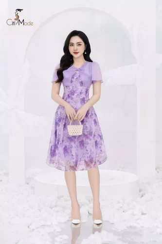 Purple Floral Pattern Flared A Line Dress_CI135.3_ Citi Mode Brand_ชุดเดรสลายดอกไม้สีม่วงผสมผ้าไหม