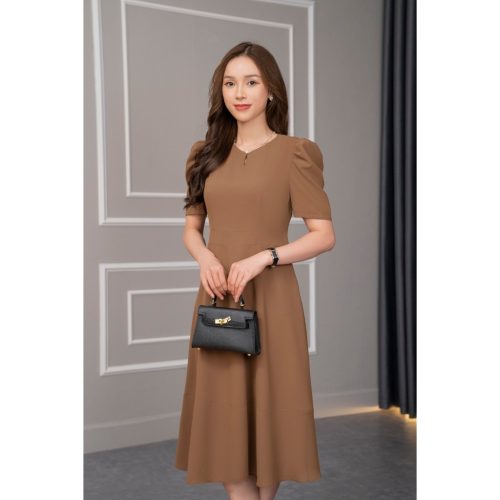 V Neck Puff Sleeve Flared Midi Dress_AV-40_Amalady Brand