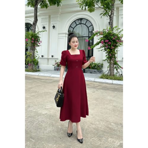 Puff Sleeve Square Neck A Line Flared Midi Dress_AV-03_Amalady Brand