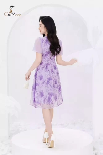 Purple Floral Pattern Flared A Line Dress_CI135.3_ Citi Mode Brand_ชุดเดรสลายดอกไม้สีม่วงผสมผ้าไหม