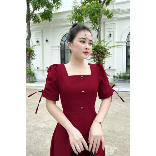 Puff Sleeve Square Neck A Line Flared Midi Dress_AV-03_Amalady Brand