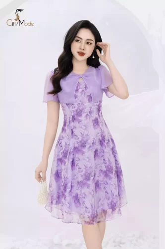 Purple Floral Pattern Flared A Line Dress_CI135.3_ Citi Mode Brand_ชุดเดรสลายดอกไม้สีม่วงผสมผ้าไหม