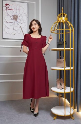 Puff Sleeve Square Neck A Line Flared Midi Dress_AV-03_Amalady Brand