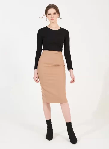 Mayo Nude Form Fit Sheath Skirt_MI100.3_Miki Classic Brand_ชุดเดรสยาวมาโยสีนู้ด