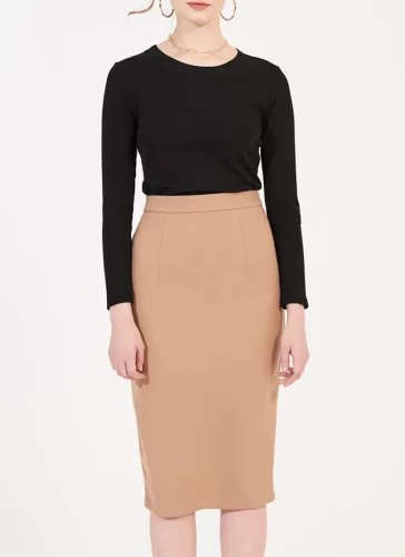 Mayo Nude Form Fit Sheath Skirt_MI100.3_Miki Classic Brand_ชุดเดรสยาวมาโยสีนู้ด