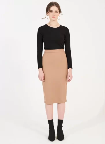 Mayo Nude Form Fit Sheath Skirt_MI100.3_Miki Classic Brand_ชุดเดรสยาวมาโยสีนู้ด