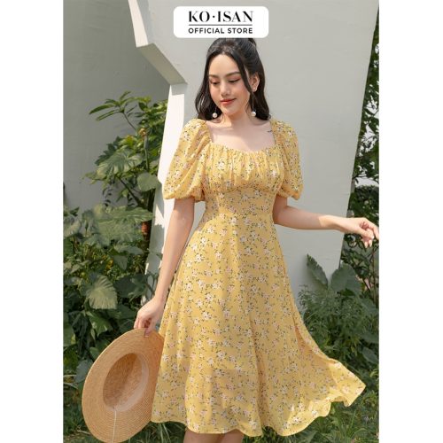 Vintage Floral Pattern Puff Sleeve Midi Dress_21056689_KOISAN Brand_เดรสยาวลายดอกไม้วินเทจ ดีไซน์แขนพองแบบผู้หญิง