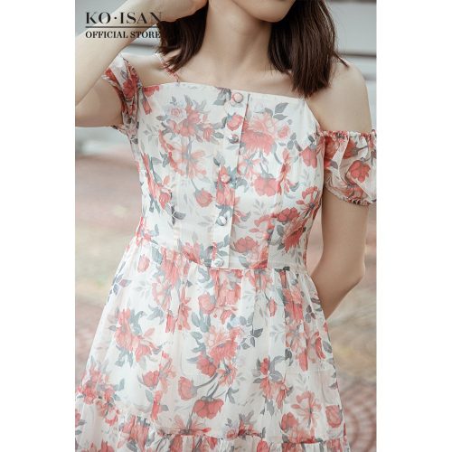 Floral Pattern Chiffon Puff Sleeve Off The Shoulder Midi Dress_21056503_KOISAN Brand_ชุดเดรสชายหาดทูพีชลายดอกไม้เล็กๆ แขนพอง ทำจากผ้าชีฟองลายดอกไม้เล็กๆ