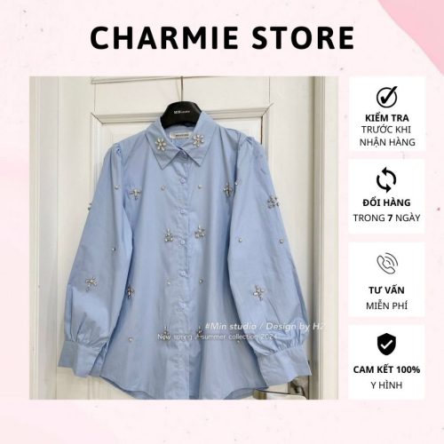 Beaded Puff Sleeve Shirt_CH67.1_Charmie Brand_เสื้อเชิ้ตเนื้อหยาบ ประดับพลอยเทียม แขนนุ่มไร้รอยยับ