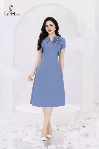 Blue A Line Dress Tie Flower_CI135.5_ Citi Mode Brand_เดรสคอปกสีน้ำเงินเก๋ไก๋ด้วยดอกไม้