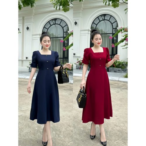 Puff Sleeve Square Neck A Line Flared Midi Dress_AV-03_Amalady Brand