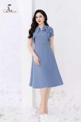 Blue A Line Dress Tie Flower_CI135.5_ Citi Mode Brand_เดรสคอปกสีน้ำเงินเก๋ไก๋ด้วยดอกไม้