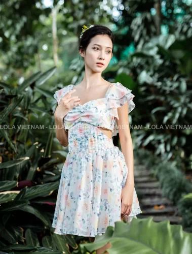 Square Neck Floral Pattern Flared Pleated Mini Dress_LO76.18_LOLA Brand_เดรสผูกดอกไม้