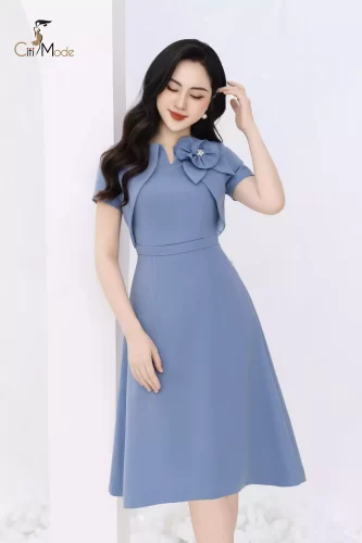 Blue A Line Dress Tie Flower_CI135.5_ Citi Mode Brand_เดรสคอปกสีน้ำเงินเก๋ไก๋ด้วยดอกไม้