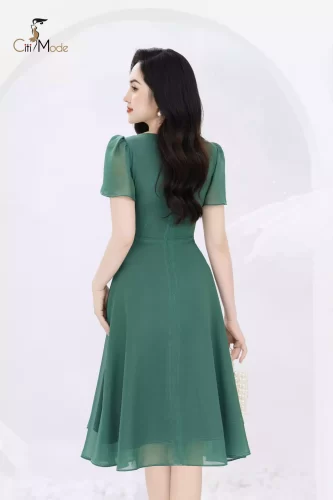 Dark Green Flared Midi Dress Tie Bow_CI135.6_ Citi Mode Brand_ชุดเดรสสีฟ้าประดับด้วยดอกไม้