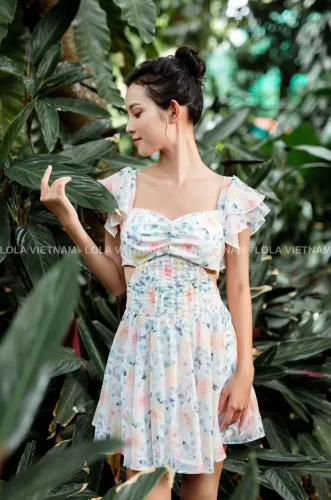 Square Neck Floral Pattern Flared Pleated Mini Dress_LO76.18_LOLA Brand_เดรสผูกดอกไม้