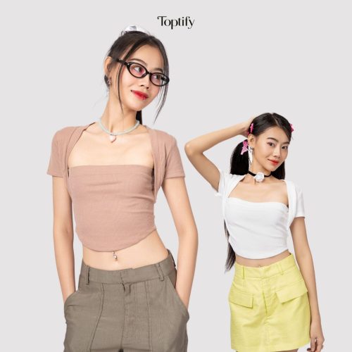 Marley Short Sleeve Form Fit Croptop_AC72_TOPTIFY Brand _เสื้อครอปแขนสั้นผู้หญิงสไตล์แจ็คเก็ต Marley Top