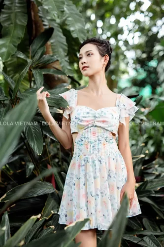 Square Neck Floral Pattern Flared Pleated Mini Dress_LO76.18_LOLA Brand_เดรสผูกดอกไม้